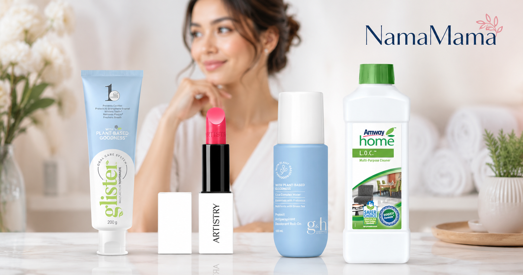 Four AMWAY products—Glister toothpaste, Artistry lipstick, g&h deodorant and L.O.C. cleaner—with a woman and the NamaMama.ee logo.